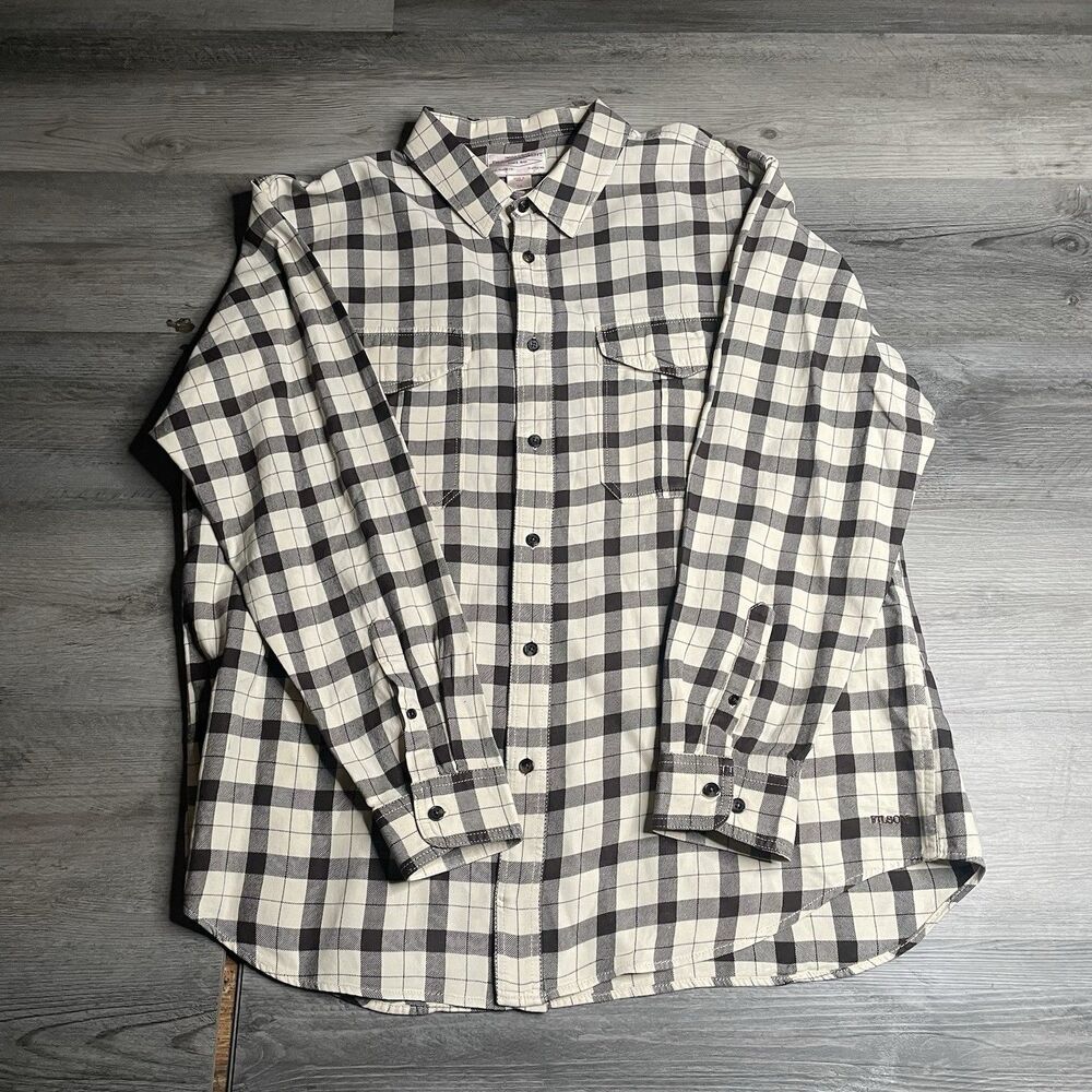 Filson Alaskan Guide Shirt Mens XXL Cream Black Plaid Flannel Button Up V19552